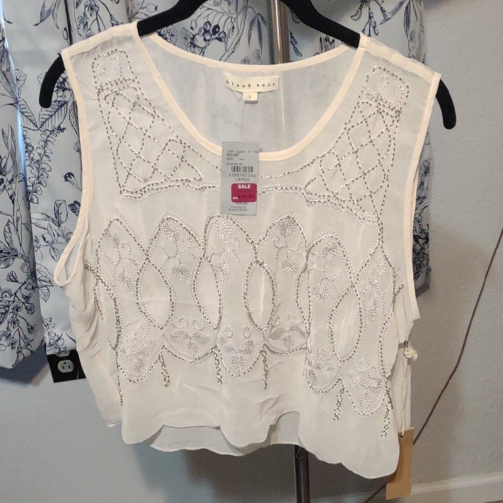 Cream Embellished Sleeveless Crop Tank Top